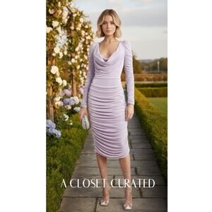 Aliette Ruched Long Sleeve Cowl Neck Midi Dress 2 Purple NWT